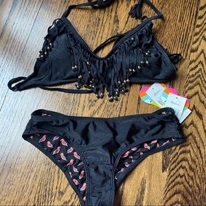 NWT Raisins 2-Piece Black Fringe Swimsuit SET, S